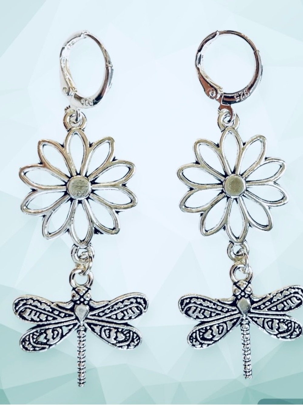 Sterling Silver-Color Daisy and Dragonfly Dangle Earrings